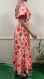 Women summer puff sleeve square neck printed dress