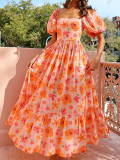 Women summer puff sleeve square neck printed dress