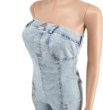 Women copper chain sexy off-shoulder denim jumpsuit