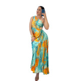 Women Printed Slash Shoulder Pleated Dress