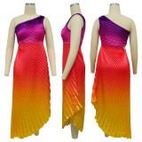 Women Printed Slash Shoulder Pleated Dress