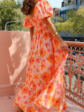 Women summer puff sleeve square neck printed dress