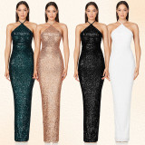 Women sleeveless French split sequin party Evening Dress