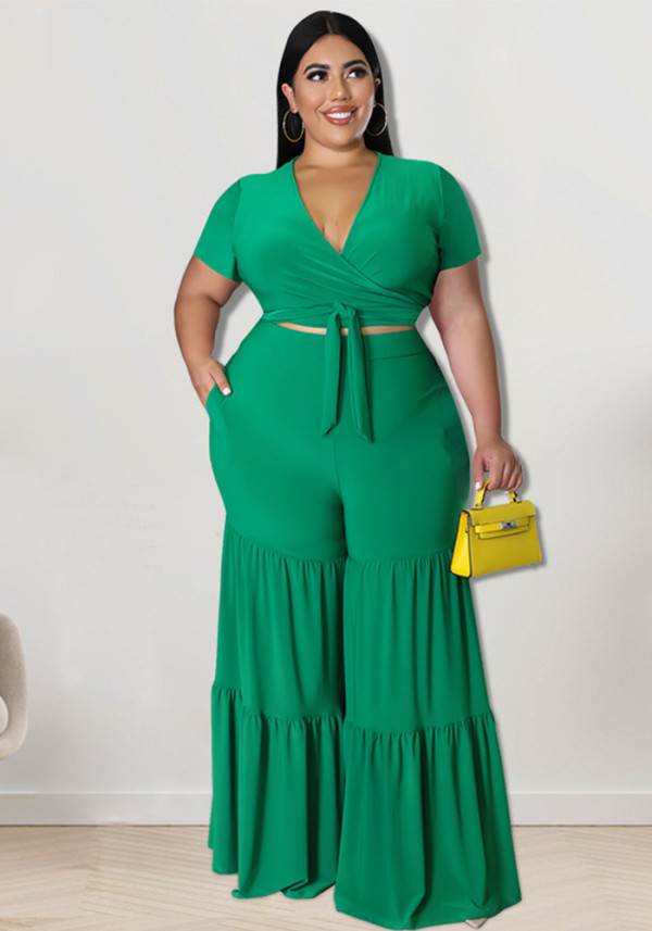 Plus size Women summer top and wide-leg pants two-piece