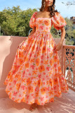 Women summer puff sleeve square neck printed dress