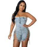 Women copper chain sexy off-shoulder denim jumpsuit
