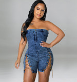 Women copper chain sexy off-shoulder denim jumpsuit