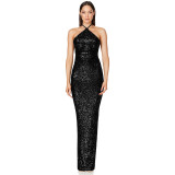 Women sleeveless French split sequin party Evening Dress