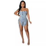 Women copper chain sexy off-shoulder denim jumpsuit