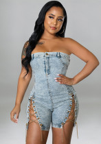 Women copper chain sexy off-shoulder denim jumpsuit Women copper chain sexy off-shoulder denim jumpsuit
