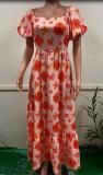 Women summer puff sleeve square neck printed dress