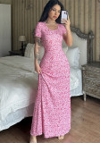Women Summer Printed U-neck Lace-Up Short Sleeve Dress
