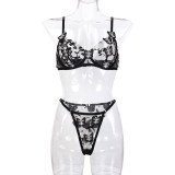 Women butterfly embroidery see-through mesh sexy lingerie two-piece