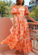 Women summer puff sleeve square neck printed dress