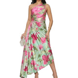 Women Printed Slash Shoulder Pleated Dress