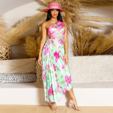 Women Printed Slash Shoulder Pleated Dress