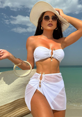 Women Sexy Solid Strapless Mesh Swimwear three-piece