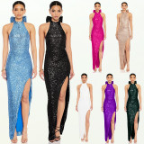 Women sequin split Halter Neck big bow Maxi Evening Dress