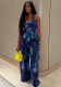 Women sexy printed V Neck sleeveless suspenders Backless Casual Jumpsuit