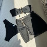 Women Sexy Solid Strapless Mesh Swimwear three-piece
