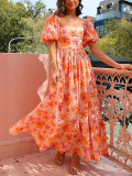 Women summer puff sleeve square neck printed dress