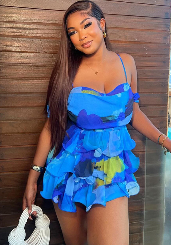 Women printed Chic sexy suspenders Backless dress