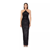 Women sleeveless French split sequin party Evening Dress