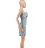 Women copper chain sexy off-shoulder denim jumpsuit