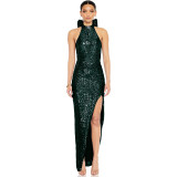 Women sequin split Halter Neck big bow Maxi Evening Dress