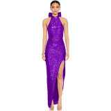 Women sequin split Halter Neck big bow Maxi Evening Dress