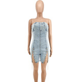 Women copper chain sexy off-shoulder denim jumpsuit