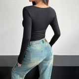 Women Square Neck Long Sleeve Casual Top