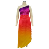 Women Printed Slash Shoulder Pleated Dress