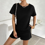 Women Summer Solid knitting Round Neck Top And Shorts Casual Two-piece Set
