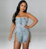 Women copper chain sexy off-shoulder denim jumpsuit