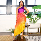 Women Printed Slash Shoulder Pleated Dress