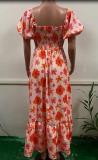 Women summer puff sleeve square neck printed dress
