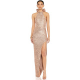 Women sequin split Halter Neck big bow Maxi Evening Dress