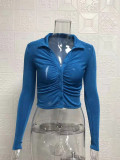 Women Sexy Pleated Turndown Collar Long Sleeve Shirt