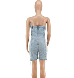 Women copper chain sexy off-shoulder denim jumpsuit