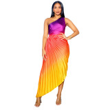 Women Printed Slash Shoulder Pleated Dress