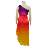 Women Printed Slash Shoulder Pleated Dress