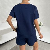 Women Summer Solid knitting Round Neck Top And Shorts Casual Two-piece Set