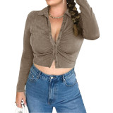 Women Sexy Pleated Turndown Collar Long Sleeve Shirt