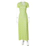 Women Summer Printed U-neck Lace-Up Short Sleeve Dress