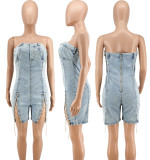 Women copper chain sexy off-shoulder denim jumpsuit