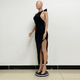Women sequin split Halter Neck big bow Maxi Evening Dress