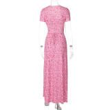 Women Summer Printed U-neck Lace-Up Short Sleeve Dress