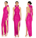 Women sequin split Halter Neck big bow Maxi Evening Dress