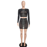 Fashion Sexy Slim See-Through Long Sleeve Beaded Mesh Top Mini Skirt Two-Piece Set